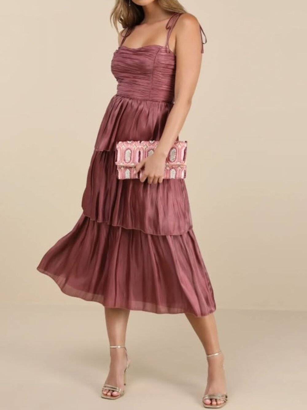 Lulu's Mauve Tiered Midi Dress with Tie Straps